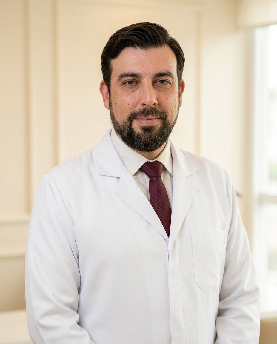 Dr. Alexandro de Lucena Theil de jaleco branco, em retrato no consultório